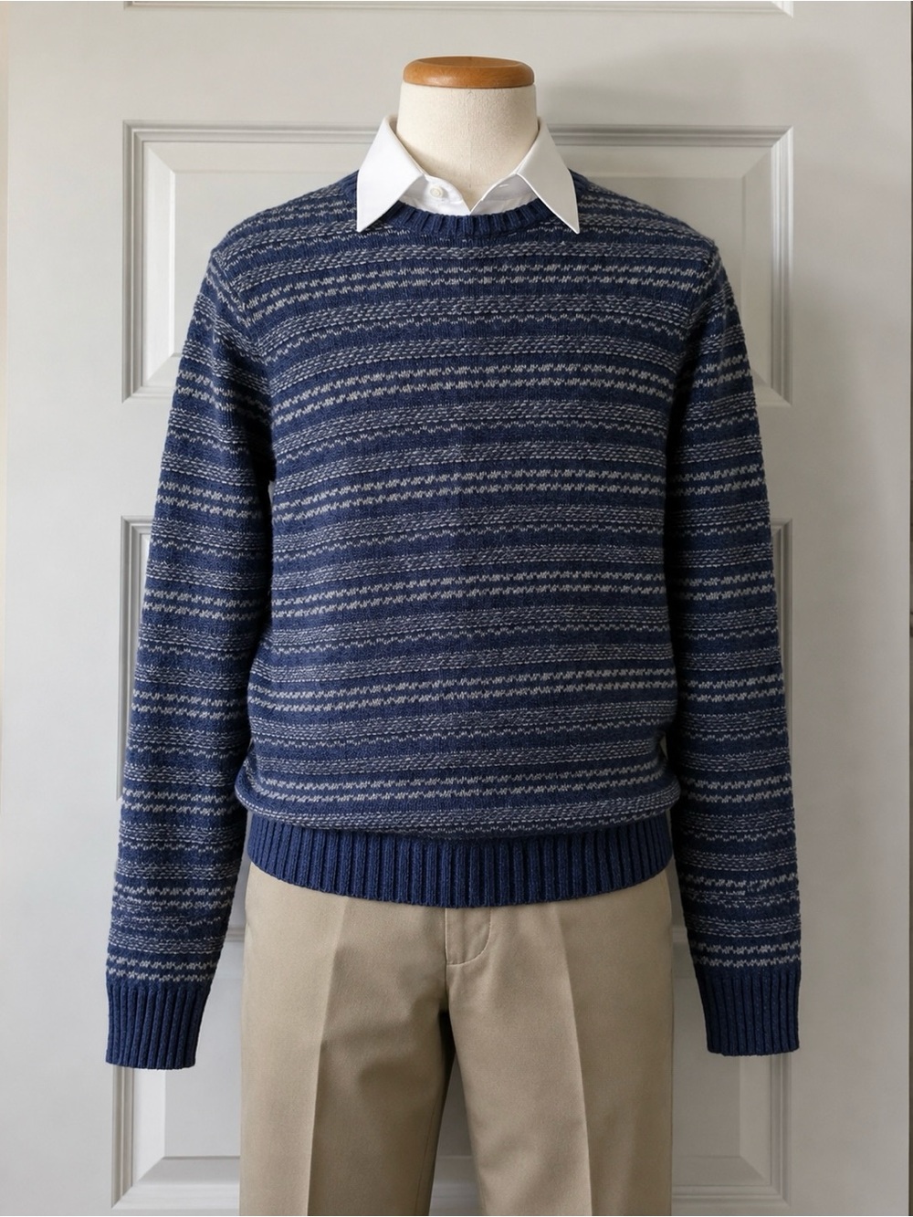 Merona Men’s Blue Striped Knit Crewneck Sweater Size Large Cotton Wool Blend